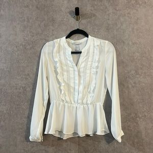 H&M Cream Chiffon Ruffled Peplum Long Sleeve Blouse Victorian Pleated